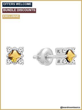 14K White Gold Citrine Diamond Stud Earrings Square Shape Fine Jewelry